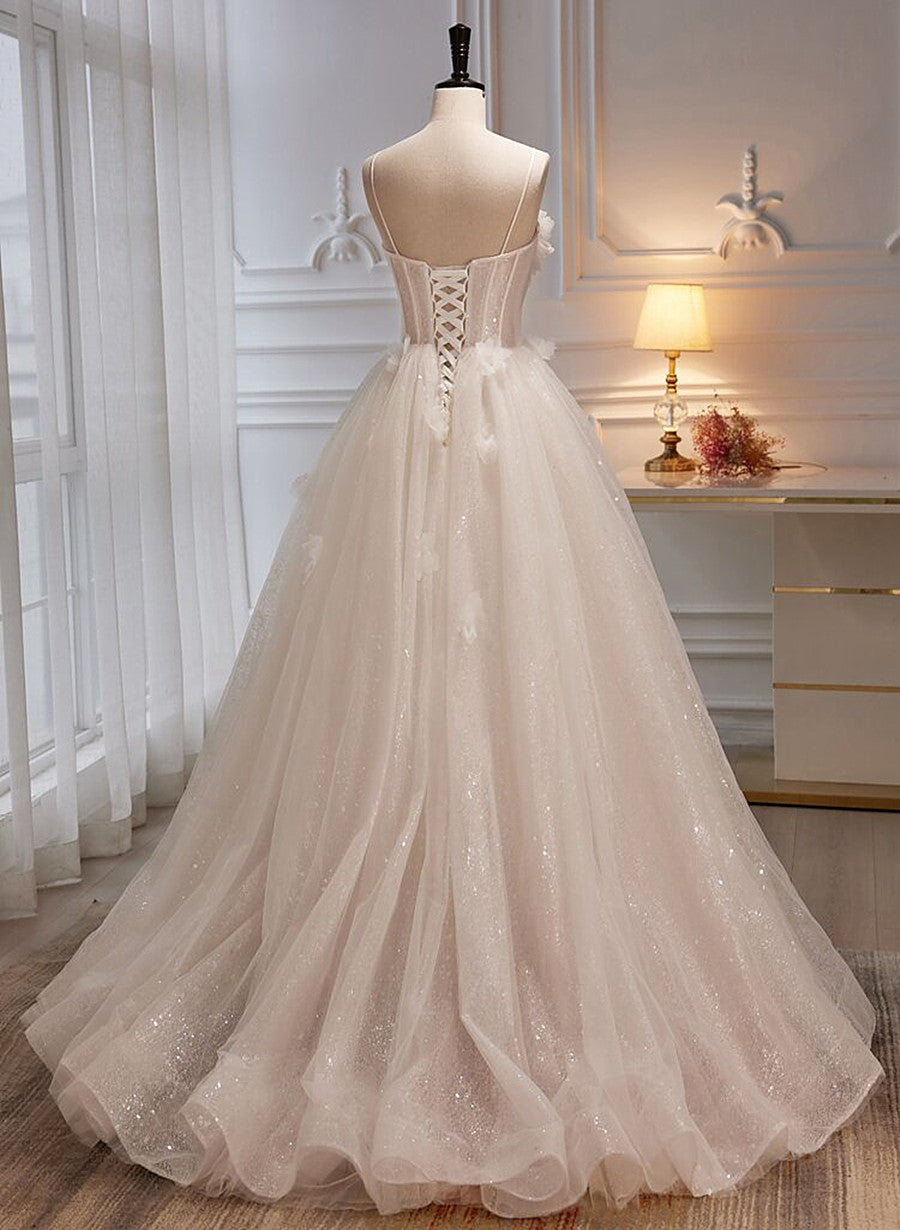 Wedding, Ivory Tulle with Flowers Sweetheart A-line Long Prom Dress, Elegant Formal Dress