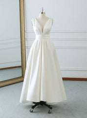 Ivory White Satin Deep V-neck Backless Tea Length Wedding Dress With Bow