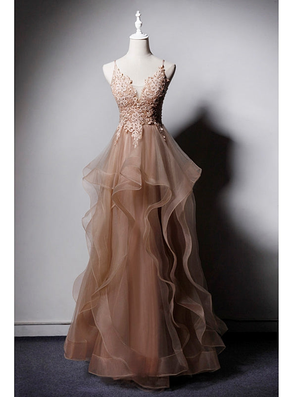 Khaki Tulle Spaghetti Straps Appliques Beading Prom Dress