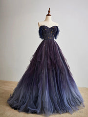 Purple Gradient Tulle Long Prom Dress, Beautiful A-Line Evening Party Dress