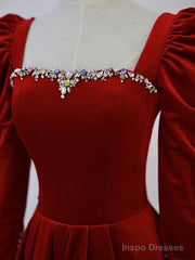 A-Line Long Sleeve Velvet Floor Length Prom Dress, Burgundy Formal Evening Dress