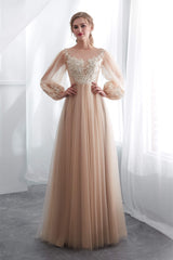 Formal Dresses Wedding Guest, Lantern Sleeve Champagne Appliques Long Prom Dresses