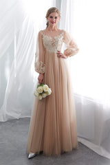 Formal Dresses Over 71, Lantern Sleeve Champagne Appliques Long Prom Dresses