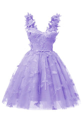 Lavender 3D Butterfly Lace Applique Tulle Homecoming Dress for Teens Sweetheart Mini Short Prom Dresses