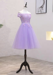 Prom Dresses With Pockets, Lavender Lace Shoulder Short Cocktail Dresses A-line