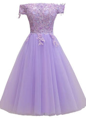 Prom Dress Long Blue, Lavender Lace Shoulder Short Cocktail Dresses A-line