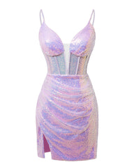 Lavender Lace-Up Plunging V Neck Sequins Sheath Homecoming Dress With Split Front Short Prom Dresses