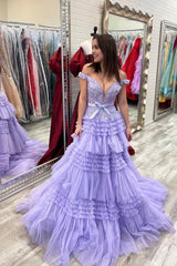 Lavender Off Shoulder Tiered Prom Dress with Lace