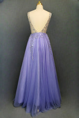 Lavender Tulle Prom Dresses A-line/Princess Long/Floor-Length Sleeveless With Beading Sequins Evening Dresses