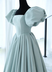 Wedding Dress Trends, Light Blue Satin Open Back Lopng Prom Dress, Blue A-line Wedding Party Dress