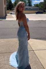 Light Blue Sweetheart Lace-Up Long Mermaid Prom Dress with Appliques