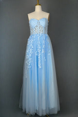 Light Blue Sweetheart Tulle Lace Prom Dresses Long Evening Party Dresses