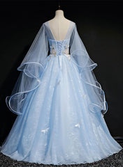 Light Blue Tulle A-line Party Dress Blue Sweet 16 Gown with Flowers prom dresses shops