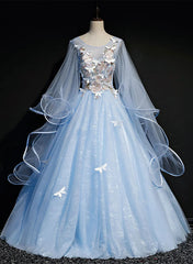 Light Blue Tulle A-line Party Dress Blue Sweet 16 Gown with Flowers prom dresses shops