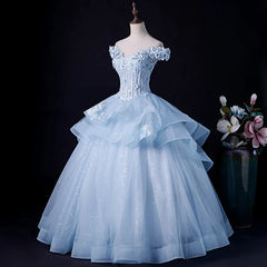 Light Blue Tulle Ball Gown Off Shoulder Sweet 16 Dress Blue Formal Dress with Lace prom dresses shops