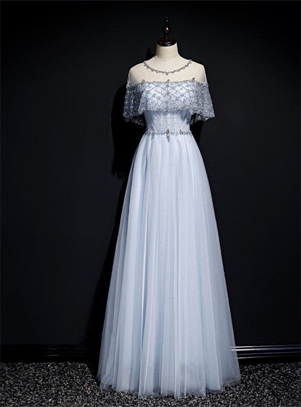 Light Blue Tulle Beading Sequins Lotus Leaf Sleeve Prom Dress