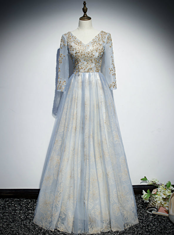 Light Blue Tulle Sequins Long Sleeve Prom Dress