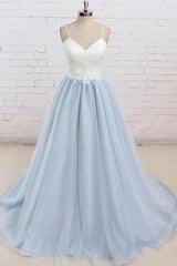 Homecoming Dress With Sleeves, Light Blue Tulle Simple Spaghetti Straps Sweep Train Backless Prom Dress