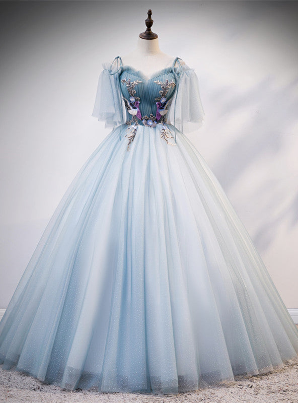 Light Blue Tulle Spagehtti Straps Short Sleeve Quinceanera Dress