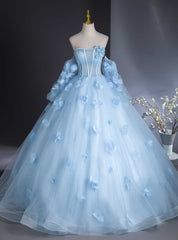 Light Blue Tulle Strapless Long Sleeve 3D Flower Quinceanera Dress