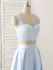 Party Dresses Summer Dresses, Light Blue Two Pieces Satin Long Prom Dress Simple Evening Dress