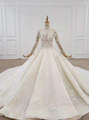 Light Champagne Tulle Sequins Long Sleeve High Neck Beading Wedding Dress