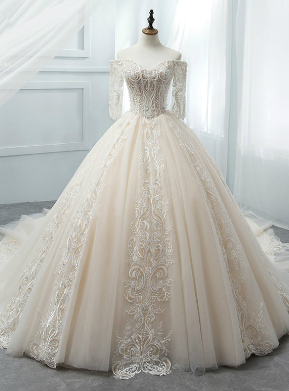 Light Champagne Tulle Short Sleeve Wedding Dress With Beading