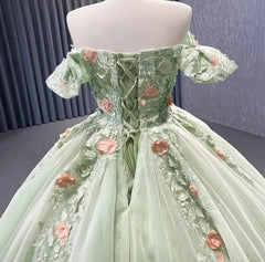 Light Green Off The Shoulder Lace Up Back Ball Gown Quinceanera Dress