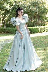 Light Green Satin Long A-Line Princess Dress, Cute Short Puff Sleeves Evening Party Dress