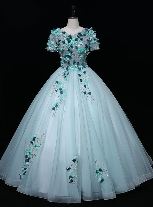 Light Green Tulle Appliques Beading Quinceanera Dress