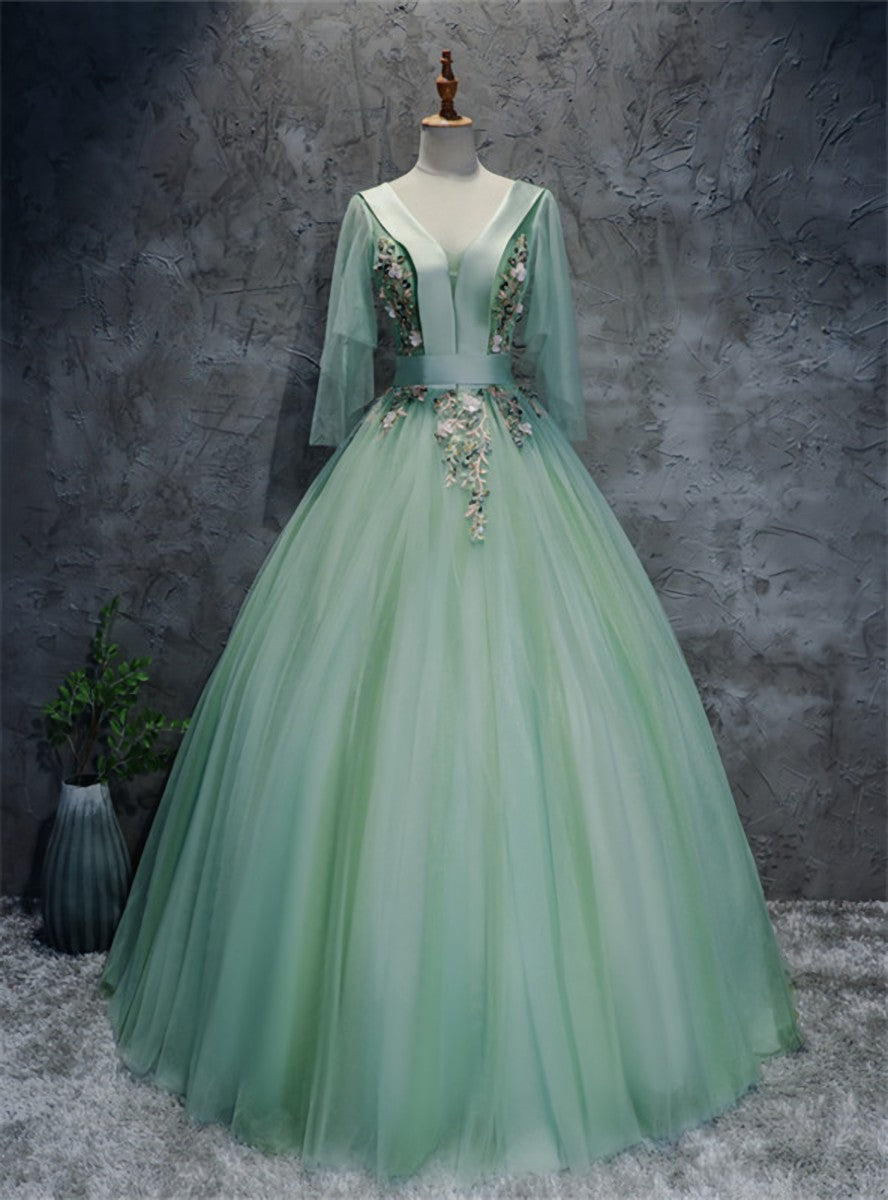 Light Green Tulle V-neck Short Sleeve Quinceanera Dress