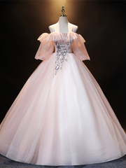 Light Pink Tulle Puff Sleeve Spaghetti Straps Quinceanera Dress