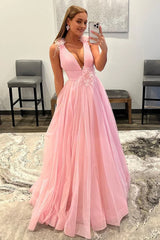 Light Pink V-Neck Backless Tulle Long Prom Dress