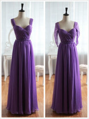 Light Purple Cap Sleeves/Long Sleeves Backless Chiffon Prom Dress, Purple Bridesmaid Dress