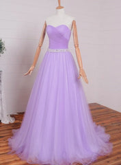 Bridesmaides Dress Ideas, Light Purple Sweetheart Simple Beaded Waist Long Party Dress, Tulle Evening Gown Prom Dress