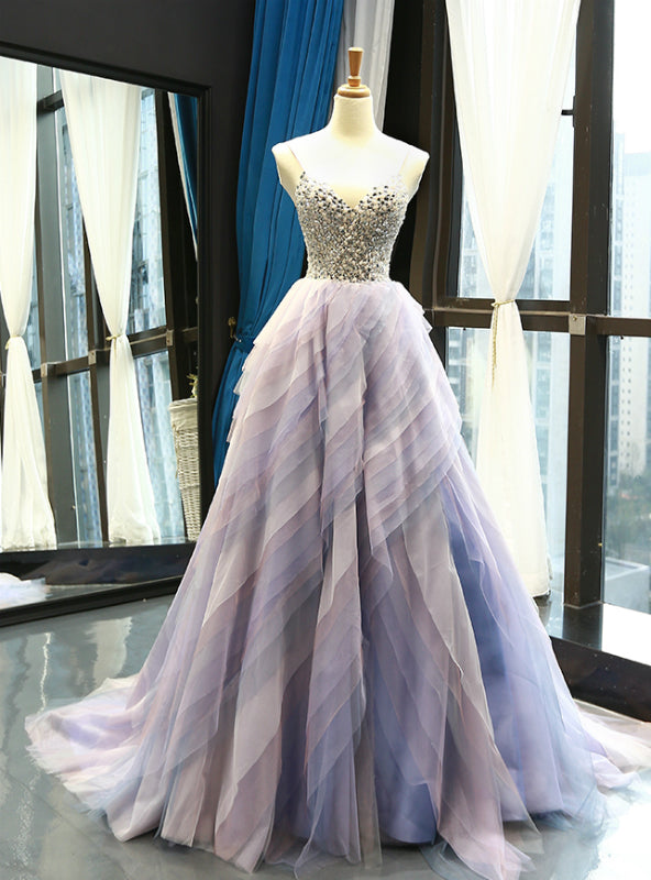 Light Purple Tulle Spaghetti Straps Tulle Backless Crystal Prom Dress