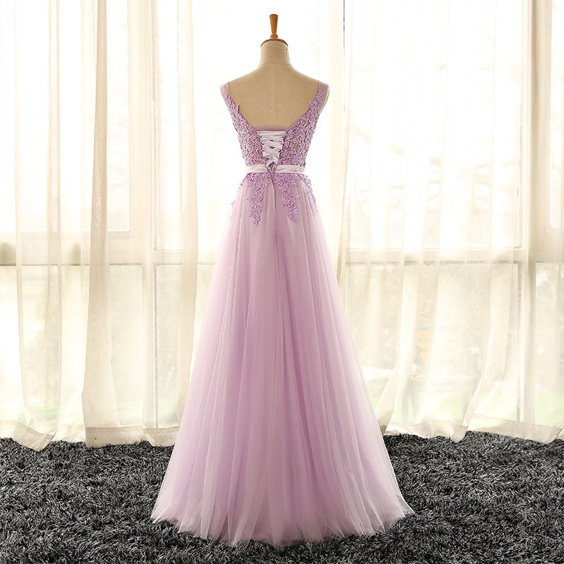 Bridesmaid Dressing Gown, Light Purple V-neckline Long Formal Dress, Tulle Lace Applique Bridesmaid Dress