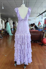 Purple Lace Long Prom Dresses Backless Evening Dress Stunning Maxi Dress