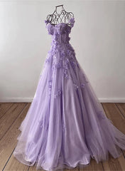 Lilac Sweetheart 3D Flowers Lace Applique Prom Dresses Tulle Evening Dress prom dresses shops