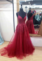 Party Dress Aesthetic, Burgundy V-Neck Lace Long Prom Dresses, A-Line Evening Dresses