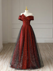 Party Dresses, Burgundy Satin Long V-Neck Prom Dress, Off the Shoulder Party Dress