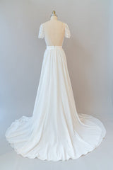 Wedding Dress Summer, Long A-line Chiffon Backless Wedding Dress with Sleeves