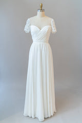 Wedding Dress Websites, Long A-line Chiffon Backless Wedding Dress with Sleeves