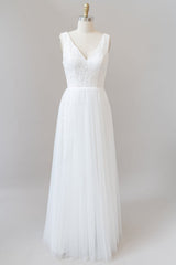 Wedding Dress Shopping Near Me, Long A-line Straps V-neck Chiffon Open Back Wedding Dress