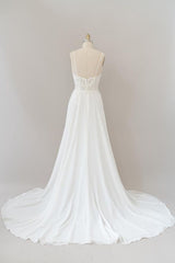 Wedding Dresses No Sleeves, Long A-line Sweetheart Spaghetti Strap Appliques Chiffon Wedding Dress