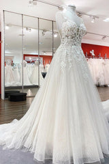 Wedding Dresses Color, Long A-line Sweetheart Tulle Open Back Wedding Dress