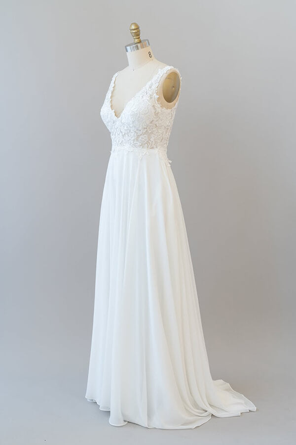 Wedding Dress Designers, Long A-line V-neck Appliques Lace Chiffon Wedding Dress