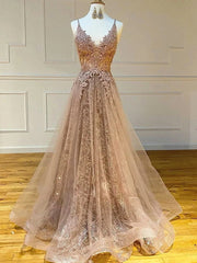 Evening Dresses Online, Long A-line V-neck Lace Tulle Prom Formal Graduation Evening Dresses