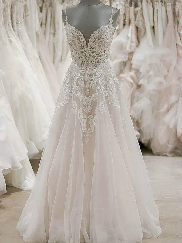 Wedding Dress Cheap, Long A-line V-neck Spaghetti Straps Appliques Tulle Wedding Dress