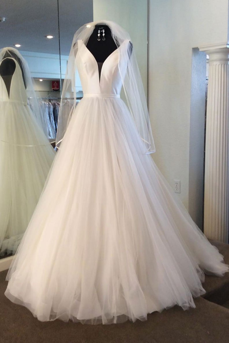 Wedding Dress Chic, Long A-line V Neck Tulle Satin Wedding Dress